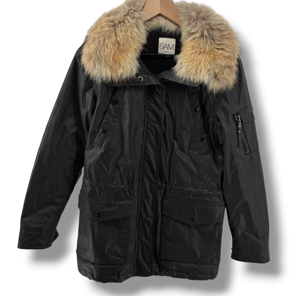SAM New York Parka Waxed Jacket Women Small Black Coyote Fur Hooded Coat Utility